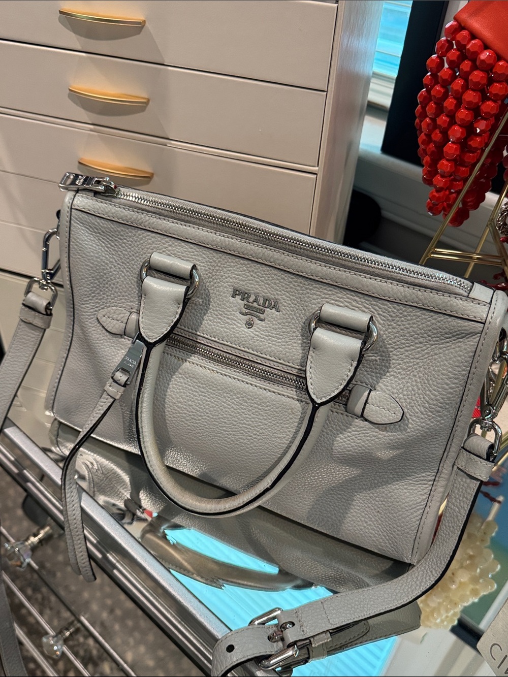 Prada Light Gray Pebbled Leather Satchel with Silver Hardware